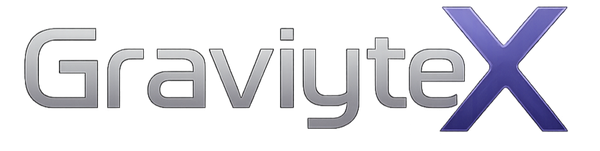 "Create a high-resolution logo with the word 'GraviyteX' in a futuristic and sleek font. The letter 'X' should stand out with a unique design and a dark violet color, glowing slightly or having a gradient effect. The overall theme should feel premium, tech-inspired, and modern with a subtle galactic or cosmic background touch. Centered layout, transparent background."